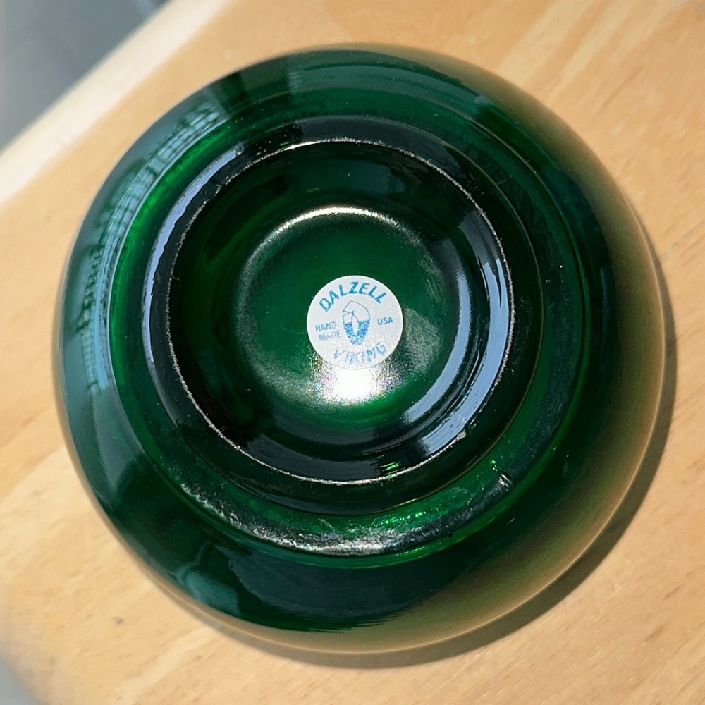 Vtg Dalzell Viking Green Rose Bowl, Round Glass Vase with Geometric Gold Trim - Picture 3 of 4